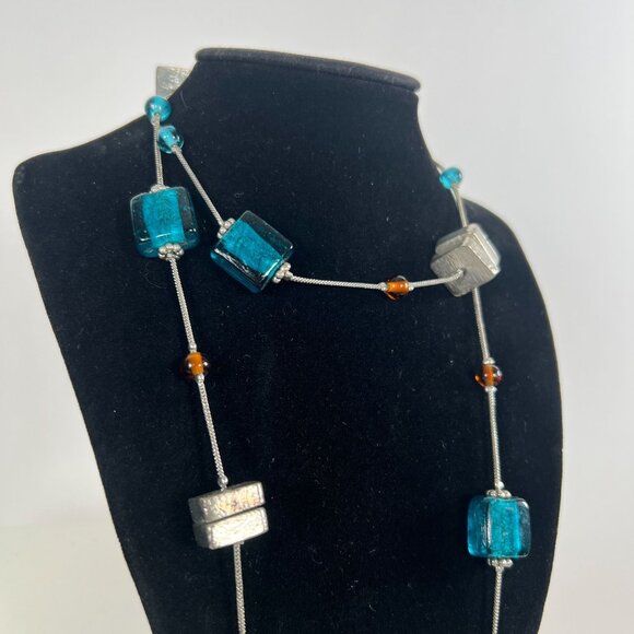 Vintage Silver Blue Stone Beaded Long Necklace - Beachy Bohemian Hippie Jewelry - Picture 6 of 8